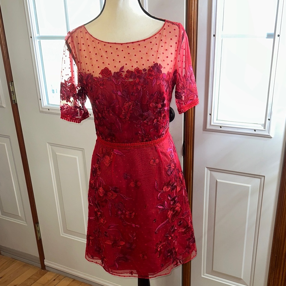 BNWT Marchesa Notte Red Embroidered Mesh Dress